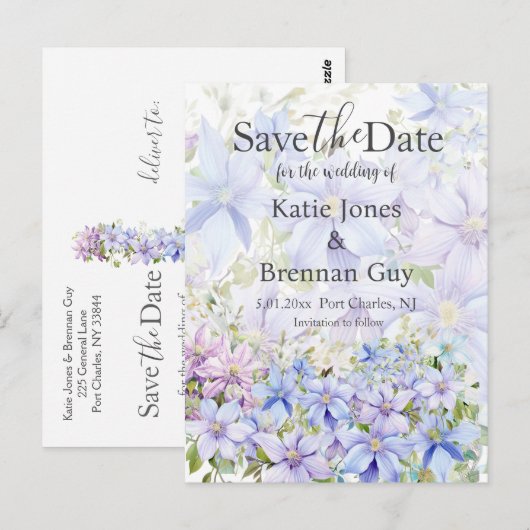 Elegante Periwinkle Clematis Wedding Save the Date Briefkaart (Voorkant / Achterkant)