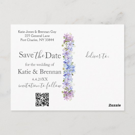 Elegante Periwinkle Clematis Wedding Save the Date Briefkaart (Achterkant)
