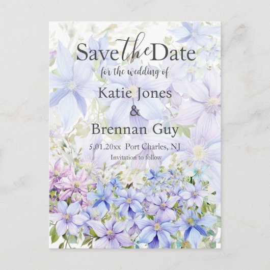Elegante Periwinkle Clematis Wedding Save the Date Briefkaart (Voorkant)