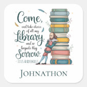 Elegante Persoonlijke Bibliotheek Botanische Quote Vierkante Sticker (Voorkant)