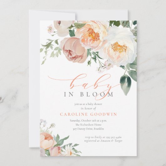 Elegante perzik Baby in bloei meisje Baby shower Kaart (Voorkant)