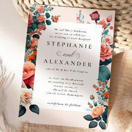 Elegante Perzik & Blauwgroen Bloemen Formele Bruil Kaart