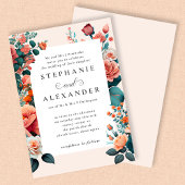 Elegante Perzik & Blauwgroen Bloemen Formele Bruil Kaart