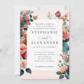 Elegante Perzik & Blauwgroen Bloemen Formele Bruil Kaart (Voorkant)