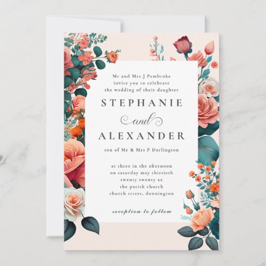 Elegante Perzik & Blauwgroen Bloemen Formele Bruil Kaart (Voorkant)