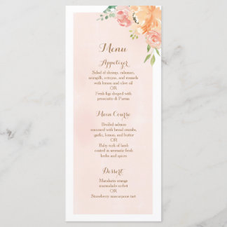 Elegante perzik bloem bruiloft receptie diner menu