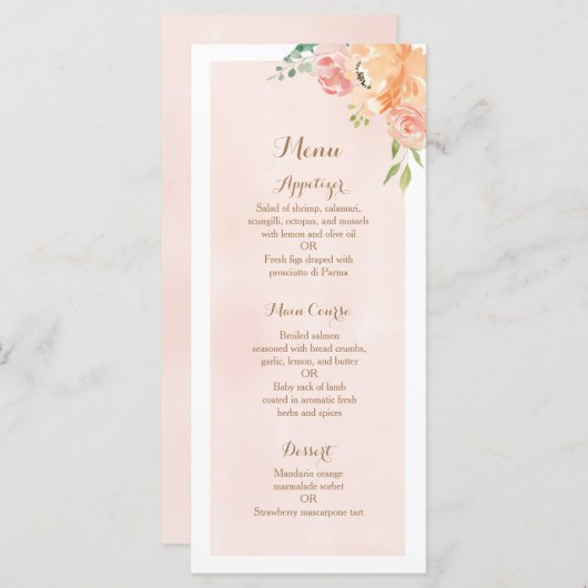 Elegante perzik bloem bruiloft receptie diner menu (Voorkant / Achterkant)