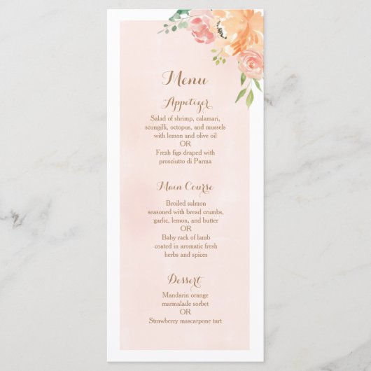 Elegante perzik bloem bruiloft receptie diner menu (Voorkant)