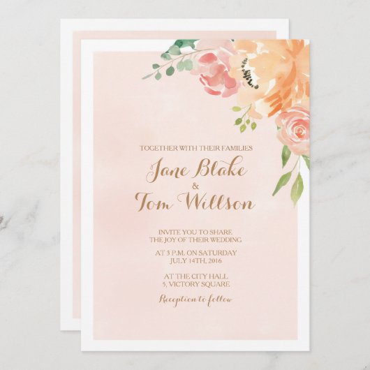 Elegante perzik bloem waterverf bruiloft uitnodigi kaart (Voorkant / Achterkant)