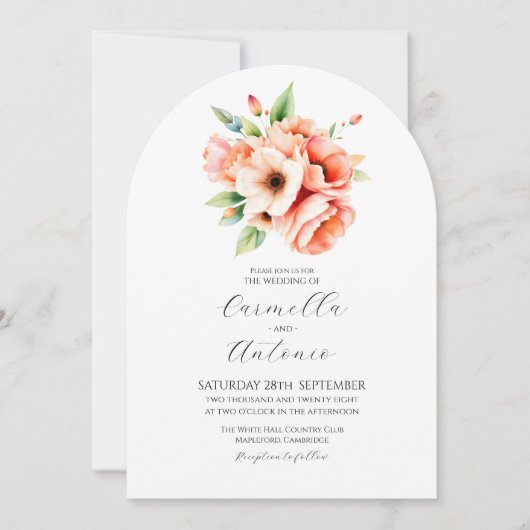 Elegante Perzik Bloemen Boog Huwelijksuitnodiging Kaart (Voorkant)