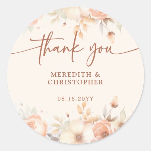 Elegante Perzik Bloemen Dank u huwelijksgunst Ronde Sticker (Voorkant)
