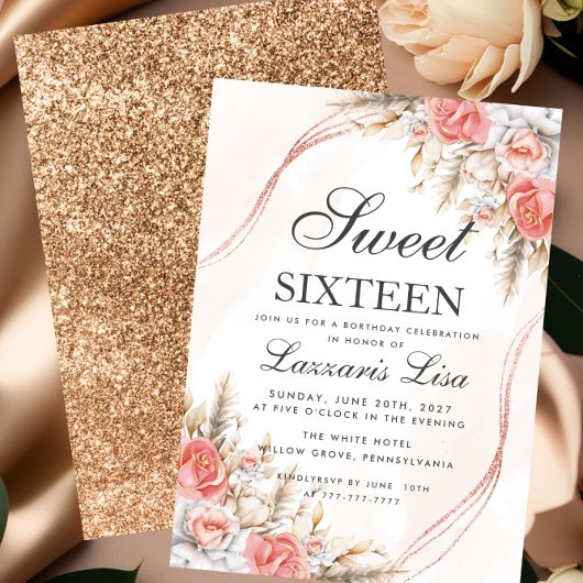 Elegante Perzik Bloemen Glitter Sweet 16 Verjaarda Kaart