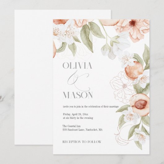 Elegante Perzik Bloemen Huwelijksuitnodigingen Kaart (Voorkant / Achterkant)