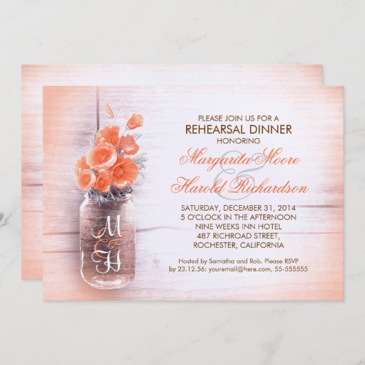 Elegante perzik bloemen Mason Jar repetitie diner Kaart (Voorkant / Achterkant)