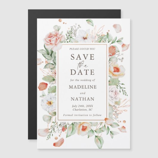 Elegante Perzik Bloemen Save the Date Magnetische Uitnodiging (Voorkant / Achterkant)