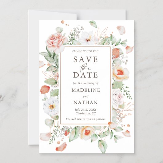 Elegante Perzik Bloemen Save the Date Magnetische Uitnodiging (Voorkant)