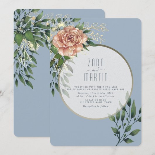 Elegante Perzik Bloemen Stoffig Blauw bruiloft uit Kaart (Voorkant / Achterkant)