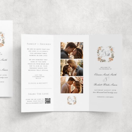 Elegante Perzik Bloemen Trifold Wedding Programma