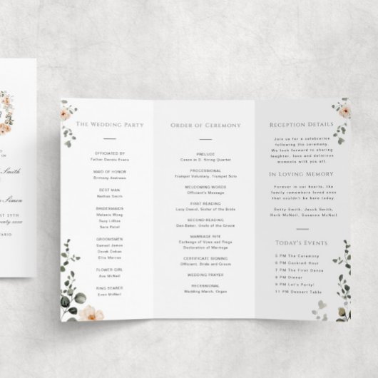 Elegante Perzik Bloemen Trifold Wedding Programma