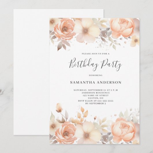 Elegante Perzik Bloemen Verjaardag Kaart (Voorkant / Achterkant)