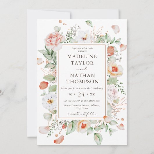 Elegante Perzik Bloemen Waterverf Border Wedding Kaart (Voorkant)