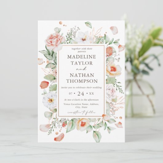 Elegante Perzik Bloemen Waterverf Border Wedding Kaart (Staand voorkant)