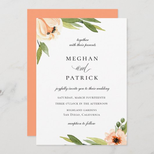 Elegante perzik bloemenbruiloft kaart (Voorkant / Achterkant)