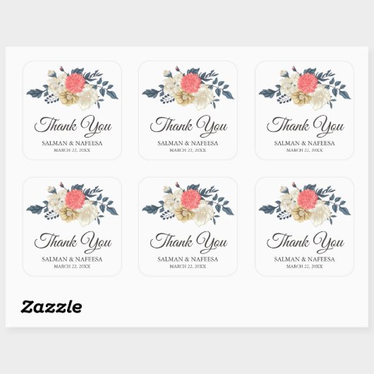 Elegante perzik bloemenbruiloft vierkante sticker (Vel)