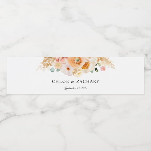 Elegante perzik bloemenbruiloft waterfles etiket (Enkel label)