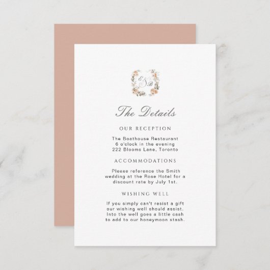 Elegante perzik bloementuin bruiloft details Invoe Informatiekaartje (Voorkant / Achterkant)