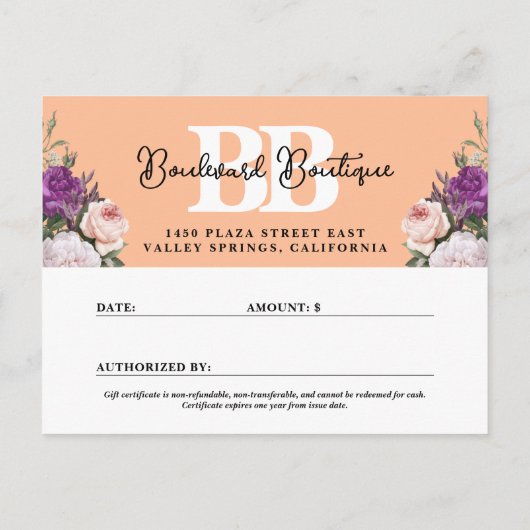 Elegante Perzik Bloemenwinkel Cadeaubon Kaart (Achterkant)