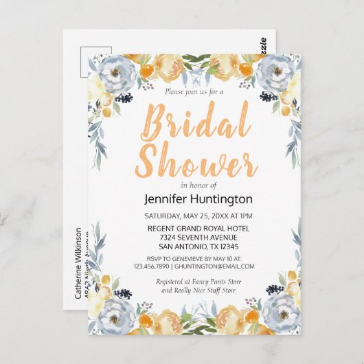 Elegante perzik bloemige bruidsbruiloft uitnodigin briefkaart (Voorkant / Achterkant)