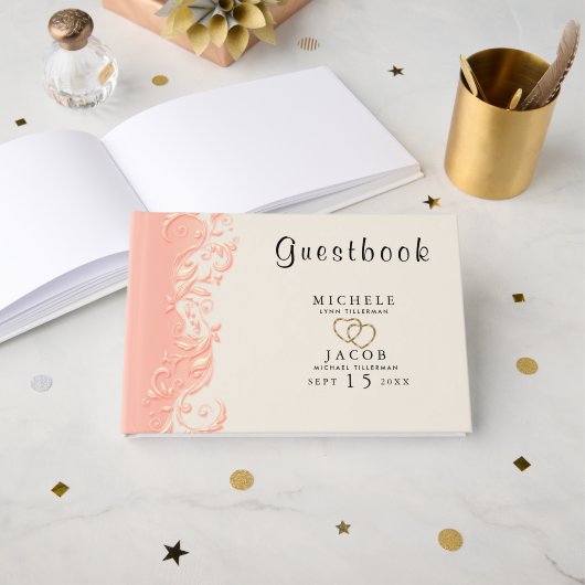 Elegante Perzik Bloemige Spiraal Gastenboek (Voorkant open)