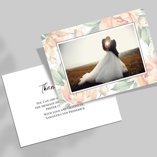 Elegante perzik bloemige trouwfoto bedankkaart