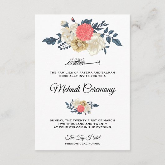 Elegante Perzik Bloemrijke Islamitische Mehndi Cer Informatiekaartje (Voorkant)
