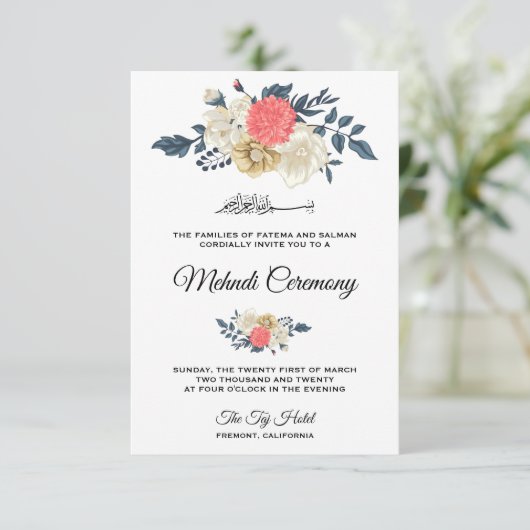 Elegante Perzik Bloemrijke Islamitische Mehndi Cer Informatiekaartje (Staand voorkant)