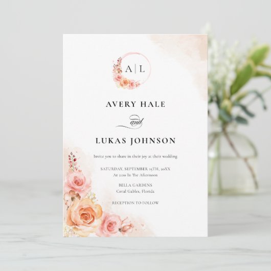Elegante Perzik Blush Bloemen Boho Bruiloft Kaart (Staand voorkant)