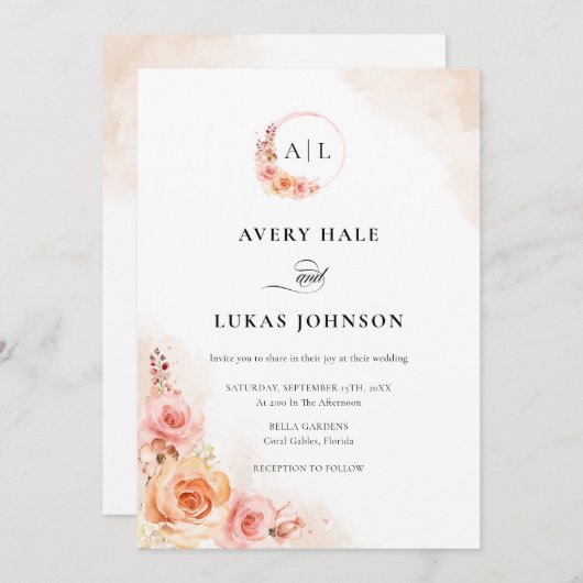 Elegante Perzik Blush Bloemen Boho Bruiloft Kaart (Voorkant / Achterkant)