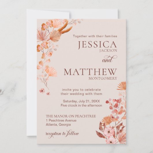 Elegante Perzik Boho Style Bloemen Fotouitnodiging Kaart (Voorkant)