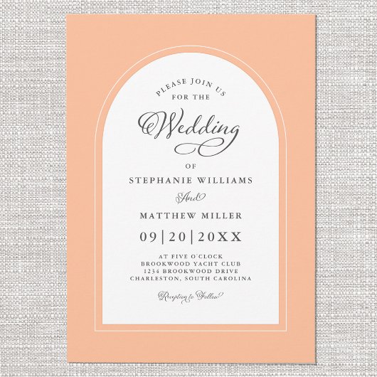 Elegante perzik boog moderne kalligrafie bruiloft kaart