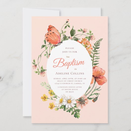 Elegante perzik botanische doop kaart (Voorkant)