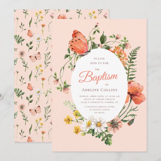 Elegante perzik botanische doop kaart (Voorkant / Achterkant)