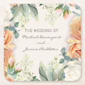 Elegante Perzik Cream Bloemen Bruid Bruidegom Kartonnen Onderzetters (Voorkant)