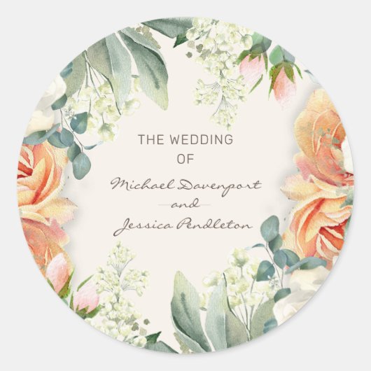 Elegante Perzik Cream Floral Eucalyptus Wedding Ronde Sticker (Voorkant)