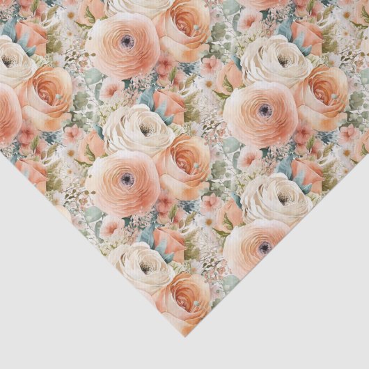 Elegante Perzik Cream Waterverf Bloemen Tissuepapier (Detail)