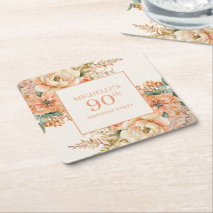 Elegante Perzik Crème Bloem 90ste Verjaardag Kartonnen Onderzetters