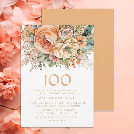 Elegante Perzik Crème Bloemen 100e Verjaardag Kaart