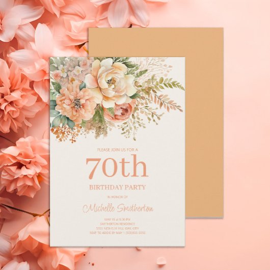 Elegante Perzik Crème Bloemen 70e Verjaardag Kaart