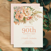 Elegante Perzik Crème Bloemen 90ste Verjaardag Kaart