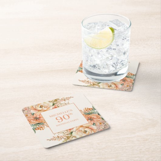 Elegante Perzik Crème Bloemen 90ste Verjaardag Kartonnen Onderzetters (Insitu)